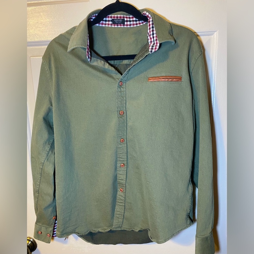Coof Andy Button Up‎ Shirt Men's Size L Beige Long Sleeve Cotton Blend Flip Cuff